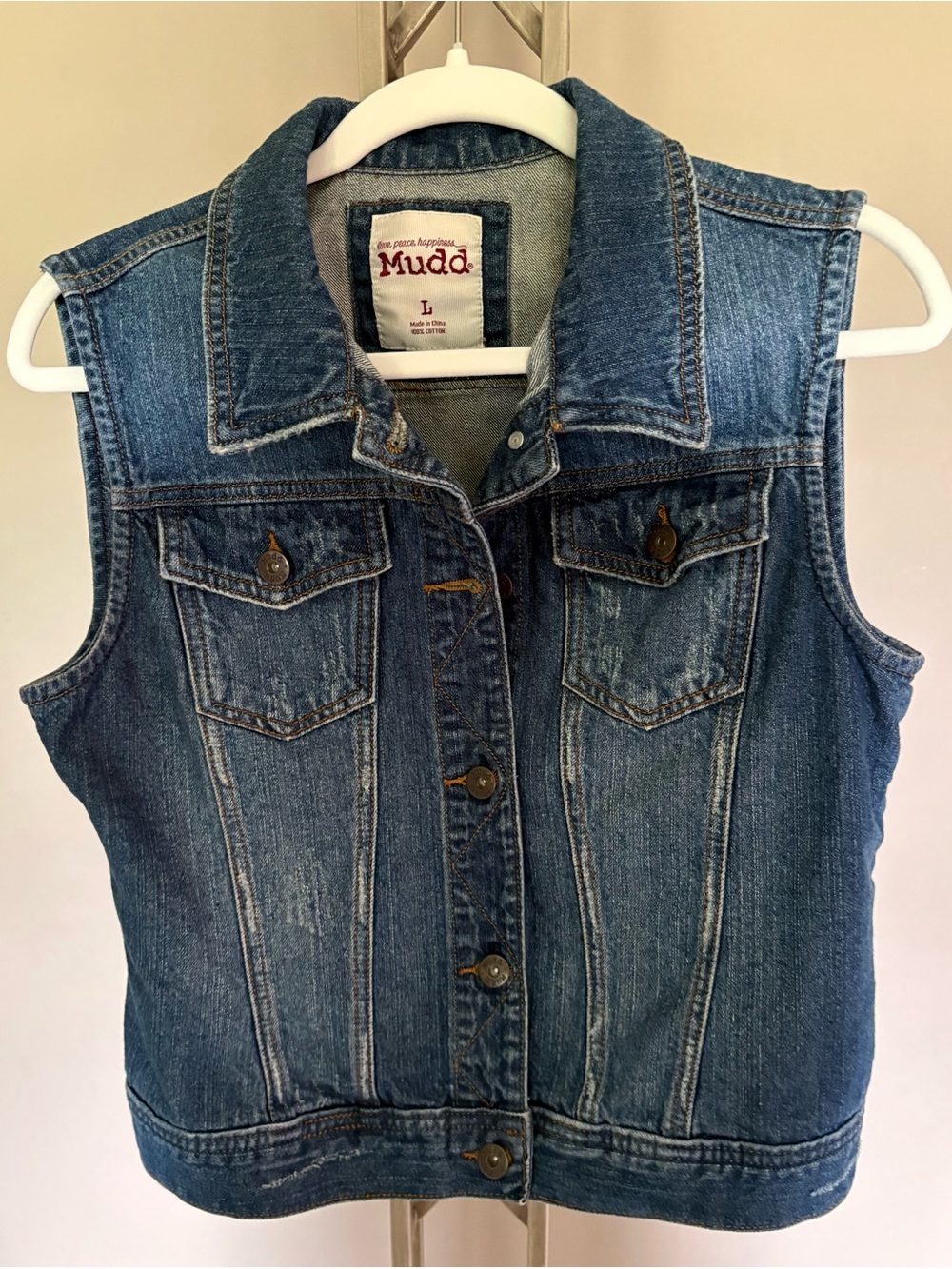 Vintage Mudd Dark Blue Denim Distressed Vest Sleeveless Jacket Size L